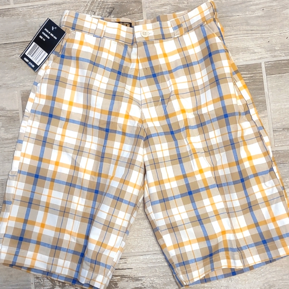 NWT Boy's Plaid Galaxy Plaid Shorts - Blue, Orange, and White